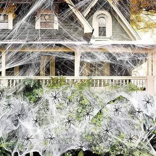 Belro Halloween door decoration with 200 sqft spider web and fake spiders, perfect for spooky Halloween decor.