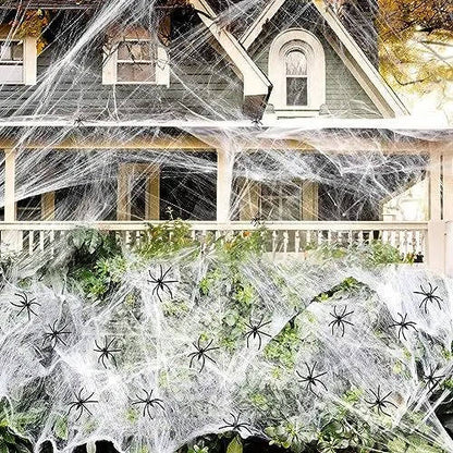 Belro Halloween door decoration with 200 sqft spider web and fake spiders, perfect for spooky Halloween decor.
