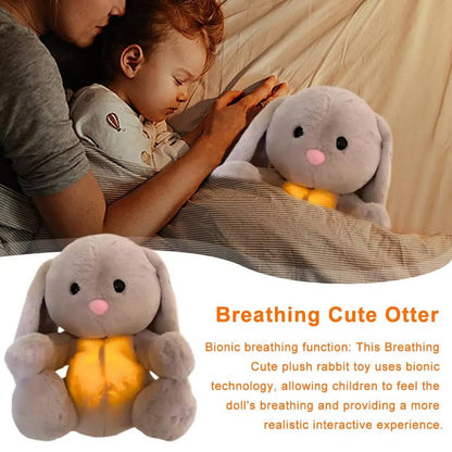 Belro breathing stuffed animal bunny wearing men's clothing, soft plush toy with detailed features and gentle expression.