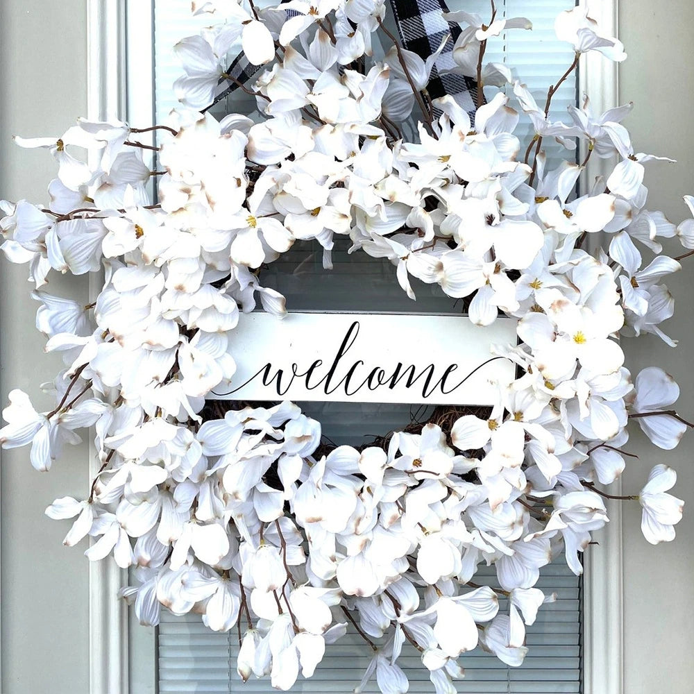 White Dogwood Flower Wreath by Belro, decorative home and garden decor with white blossoms and lush greenery.