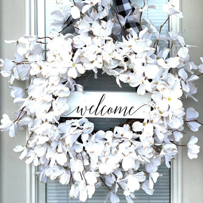 White Dogwood Flower Wreath by Belro, decorative home and garden decor with white blossoms and lush greenery.