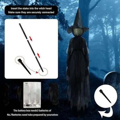 Belro sound-activated Halloween decoration featuring a hand holding a witch costume for indoor and outdoor use.