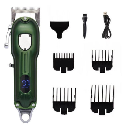 Belro professional dog hair clipper with all-metal body, rechargeable, suitable for grooming pets, shown with blades and handle.
