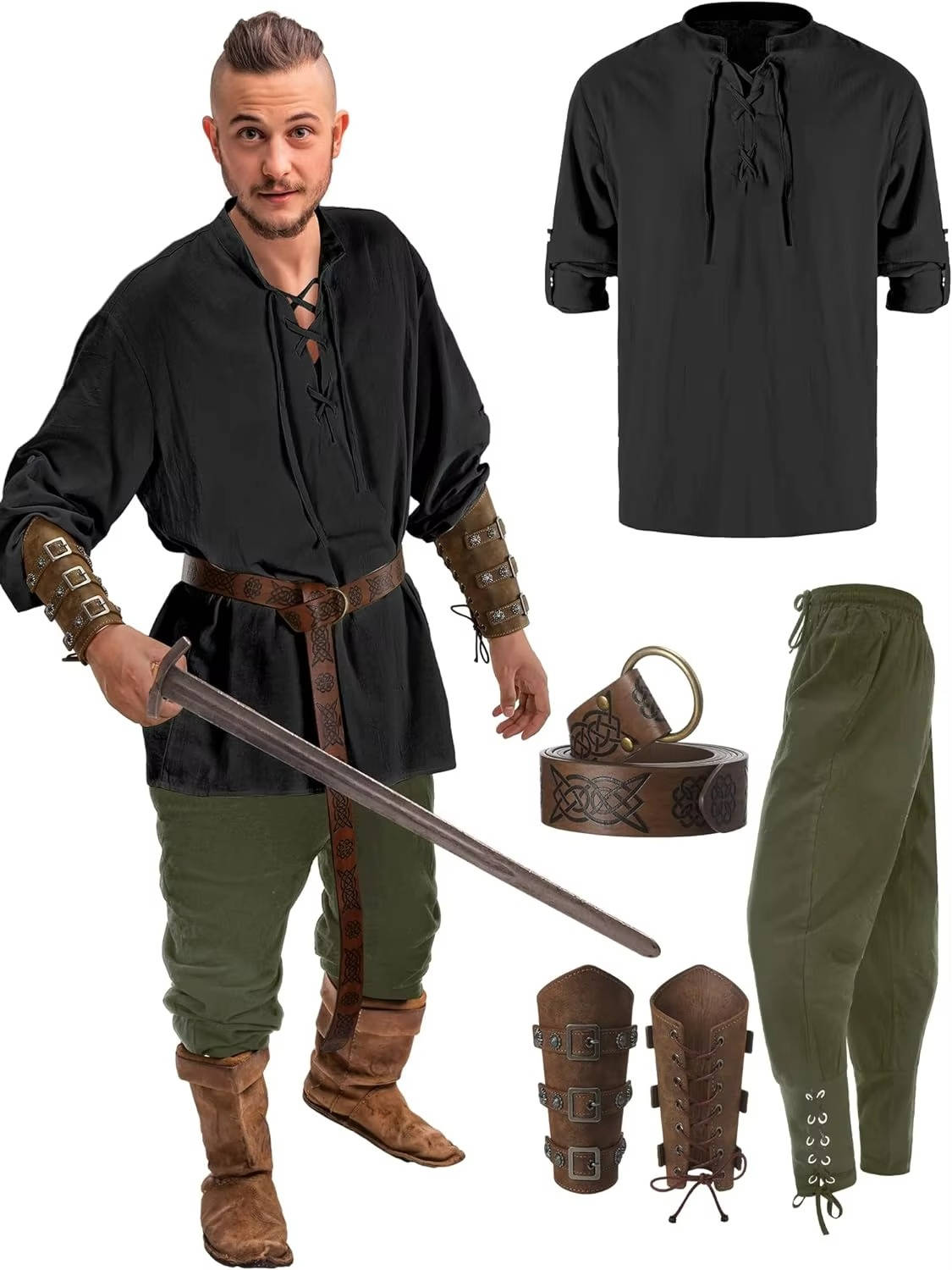 Men's medieval Halloween costume set by Belro featuring four costume pieces for a Halloween party costume.