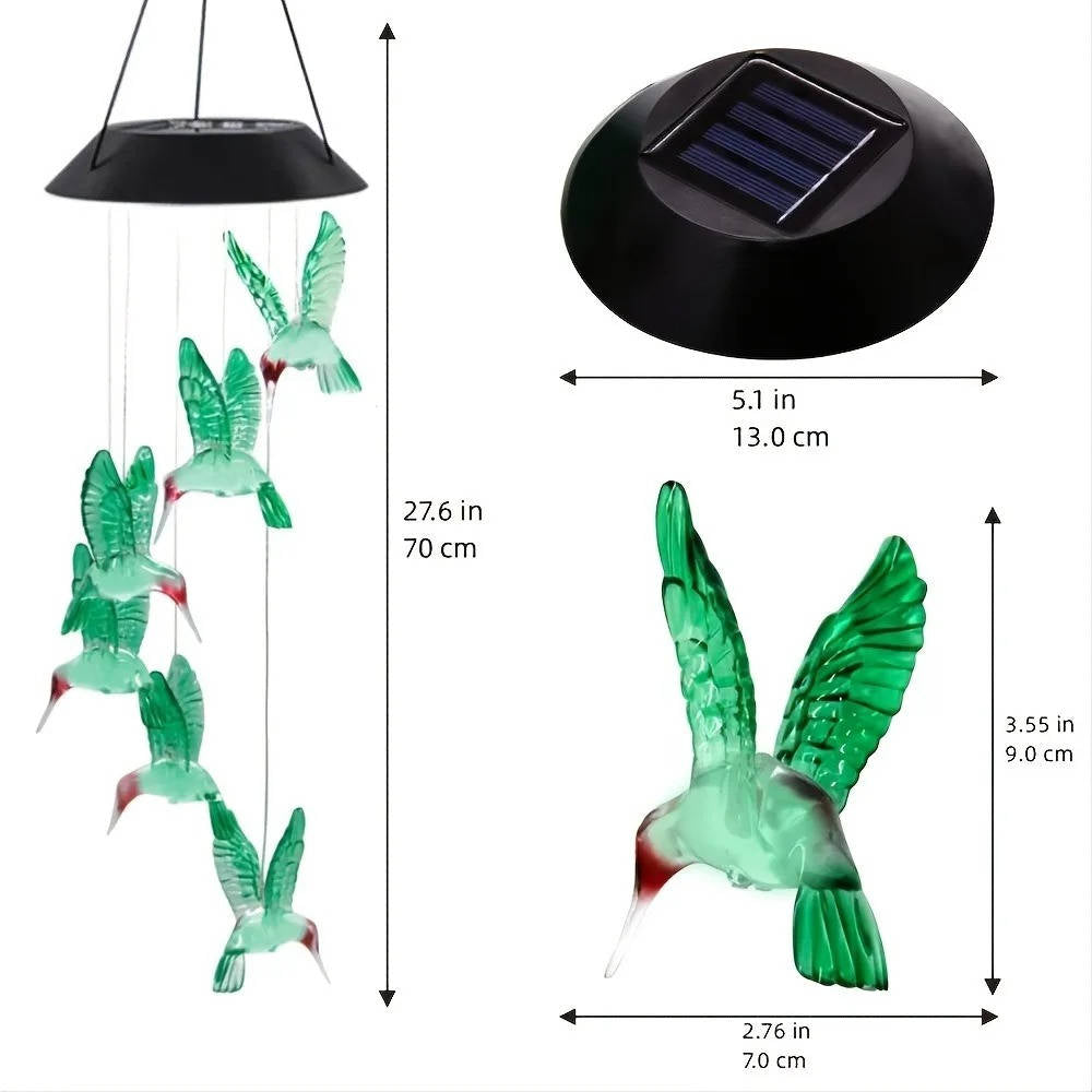 Belro Solar Wind Chimes hanging outdoors with colorful metal tubes and a solar panel, adding decorative charm to garden or patio.