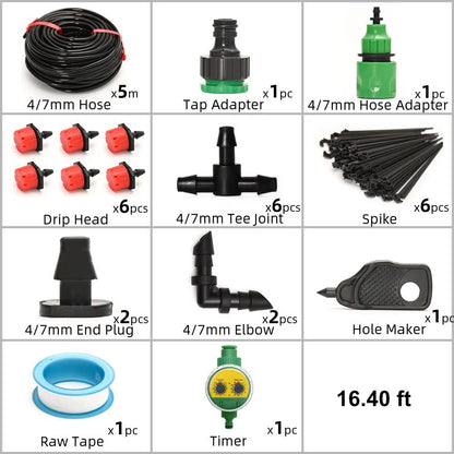 Belro drip irrigation system with automatic timer connected to garden hoses, suitable for efficient watering of plants.