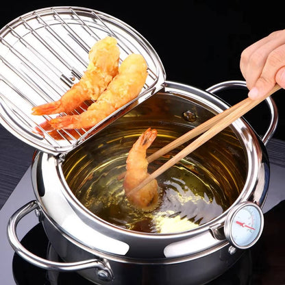 Belro Japanese deep frying pot with wooden handle, ideal for home kitchen, stainless steel, and traditional design.