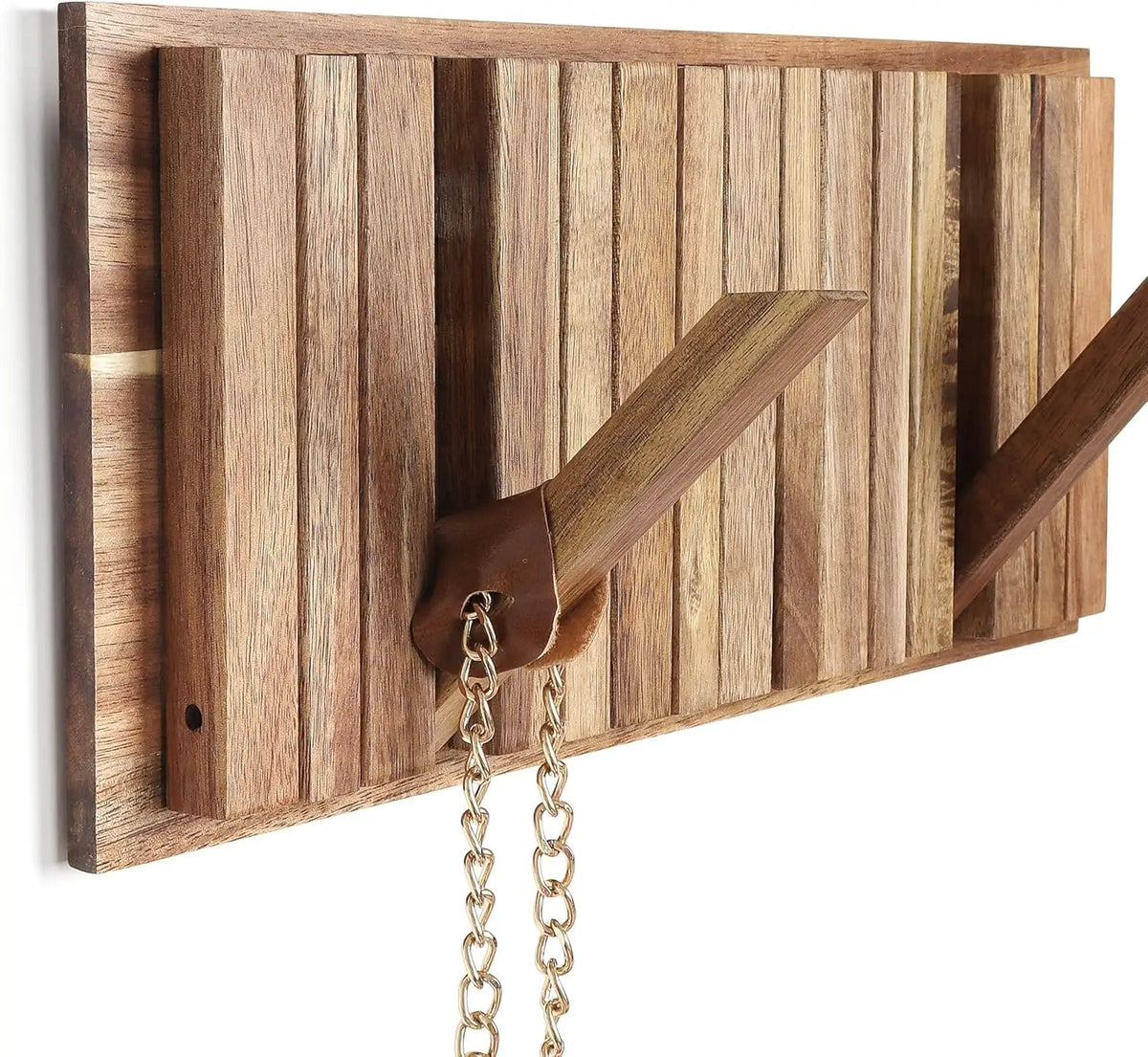 Rustic Belro wall-mounted coat rack with 8 flip hooks for hanging jackets and coats, featuring a natural wood finish.
