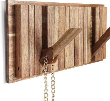 Rustic Belro wall-mounted coat rack with 8 flip hooks for hanging jackets and coats, featuring a natural wood finish.