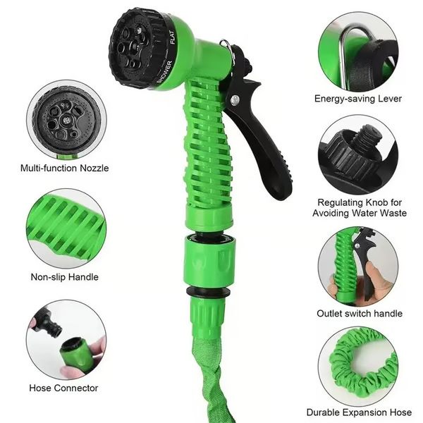 Belro expandable garden water hose stretched out outdoors, showing its flexible, lightweight design for garden watering tasks.