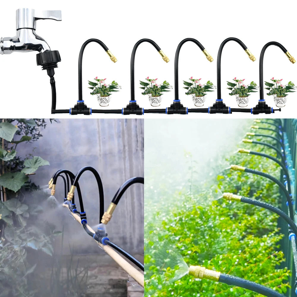 Mivoza outdoor garden irrigation system with 360° spray nozzles, automatic, no power needed for watering gardens and balconies