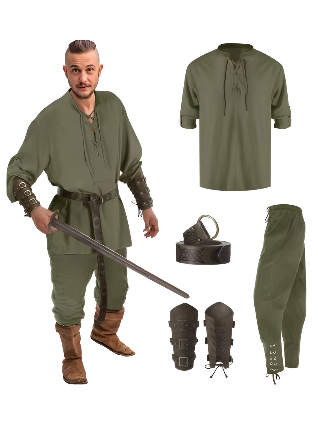Men's medieval Halloween costume set by Belro, includes four-piece clothing ensemble for costume parties and themed events.