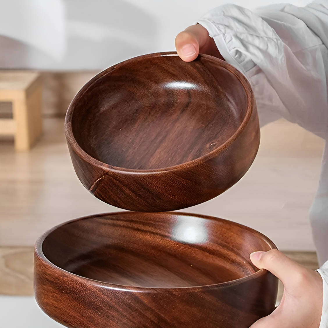 Set of natural wood bowls for food, ideal for kitchen and dining use, crafted by Belro for home and garden decor.