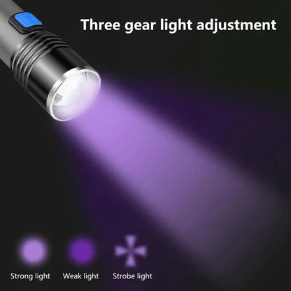 Black Belro flashlight with LED light beam, compact electronic flashlight for dark areas and outdoor use.