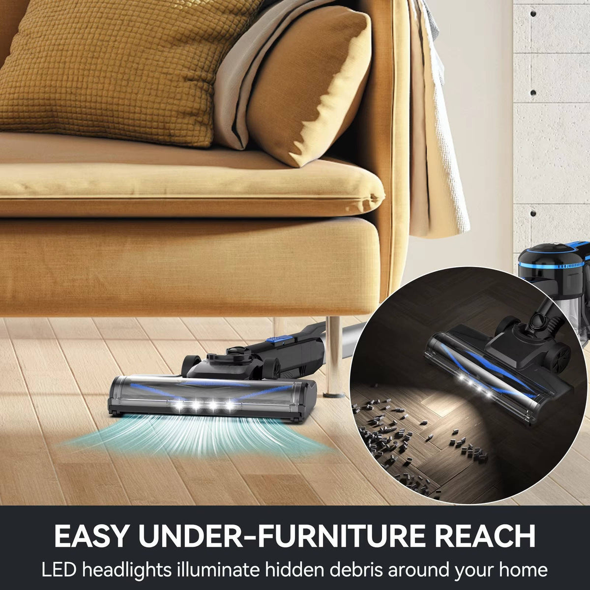 Belro cordless vacuum cleaner for home, shown with lightweight design and detachable handheld unit for efficient cleaning.