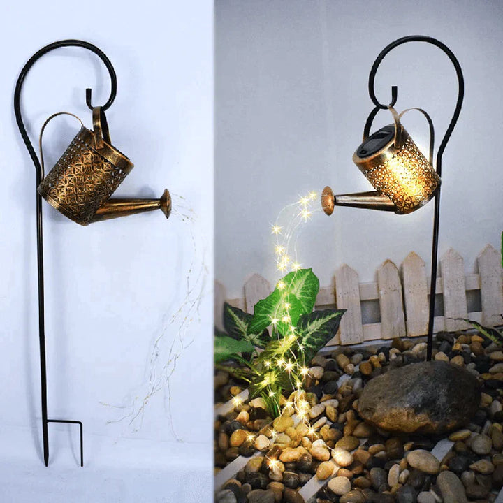 Mivoza solar garden lamp with watering can design, outdoor decorative light featuring rain sound and garden lighting effect.