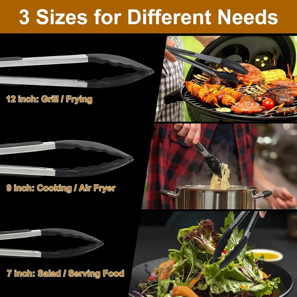 Belro silicone kitchen tongs 3-piece set with black handles, perfect for cooking and serving in kitchen and dining tasks.