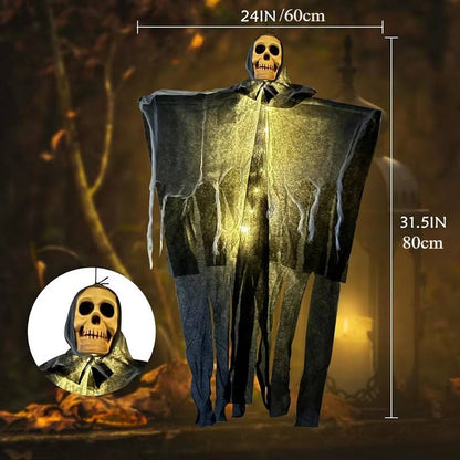 Set of two glowing skulls for outdoor Halloween decorations by Belro, spooky and illuminated for garden display.