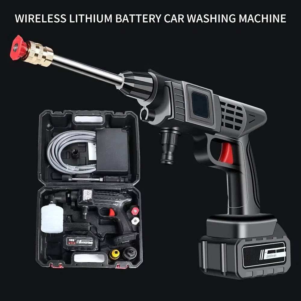 Belro cordless portable high pressure spray water gun set for cleaning cars, patios, and garden furniture, shown in use.