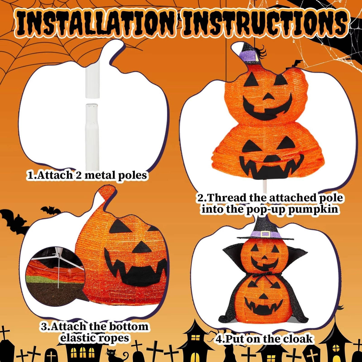 Belro 2-pack 3ft Halloween collapsible lighted outdoor pumpkin garden decorations for festive holiday decor.