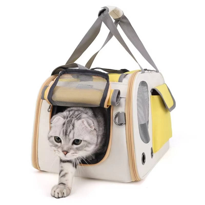 Belro travel pet carrier for cats and small dogs, automotive-style, with mesh windows and secure zip closure.