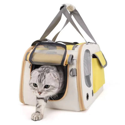 Belro travel pet carrier for cats and small dogs, automotive-style, with mesh windows and secure zip closure.