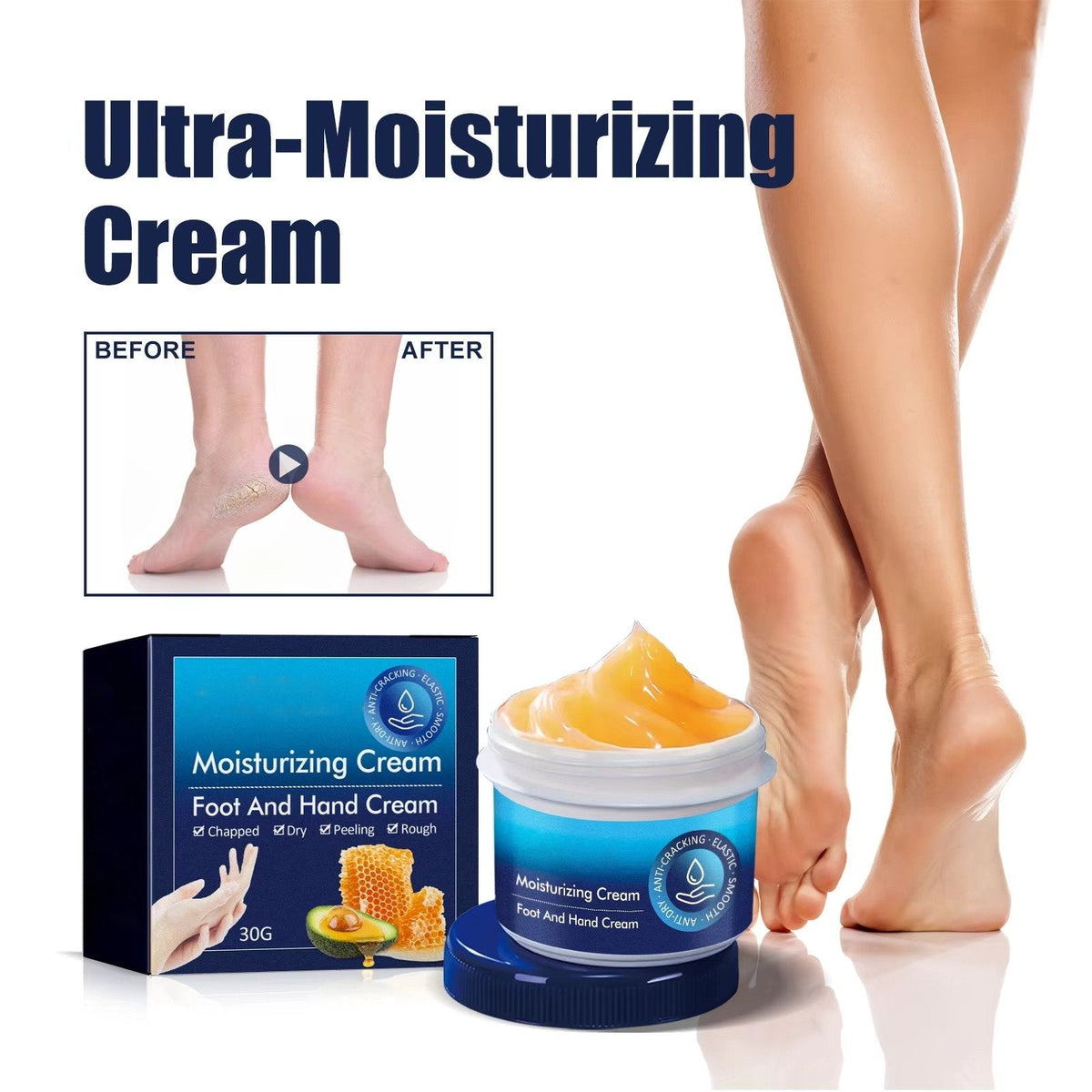 Belro cracked foot heel treatment 3-pack, health and beauty product for softening and repairing rough, dry heels in a close-up image.