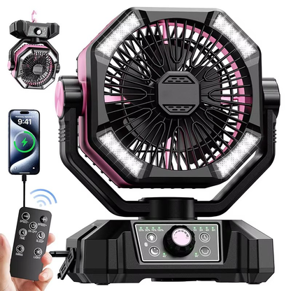 Belro portable camping cooling fan with adjustable blades and handle, ideal for outdoor use and camping trips.