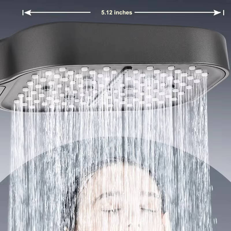 Belro high pressure shower head with multiple spray settings, mounted on a bathroom wall with water flowing.