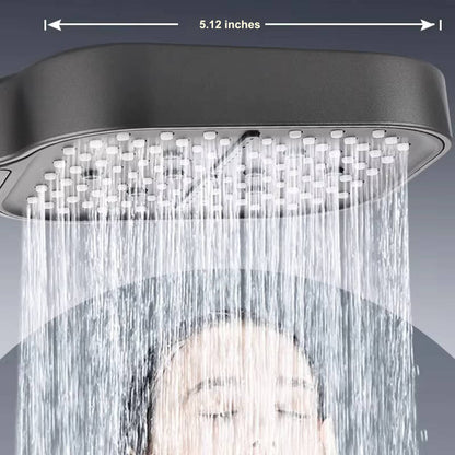 Belro high pressure shower head with multiple spray settings, mounted on a bathroom wall with water flowing.