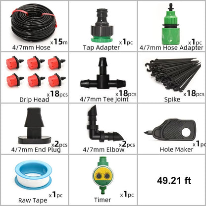 Belro drip irrigation system with automatic timer, showing hoses and control unit for efficient garden watering.