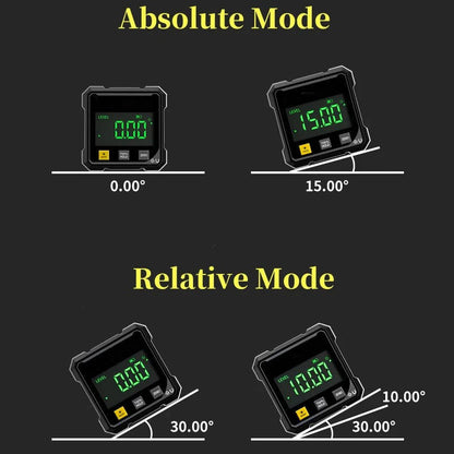 Belro digital angle finder with laser level showing a close-up of the device displaying measurement readings in a hand.