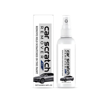 Belro Car Scratch Remover Spray for home and garden, showing the spray bottle and application process on a vehicle surface.