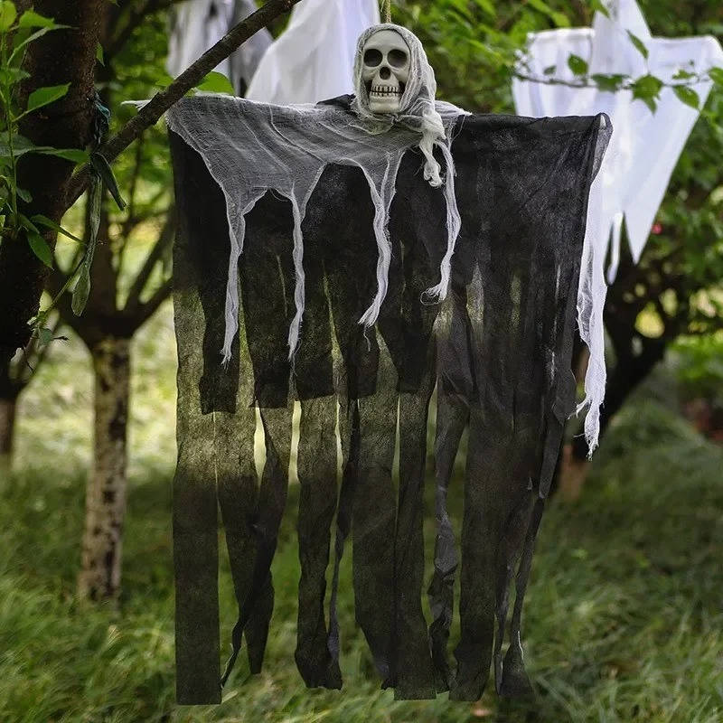 Belro Halloween hanging ghost decoration with skull, perfect for spooky costume accessories and Halloween party decor.