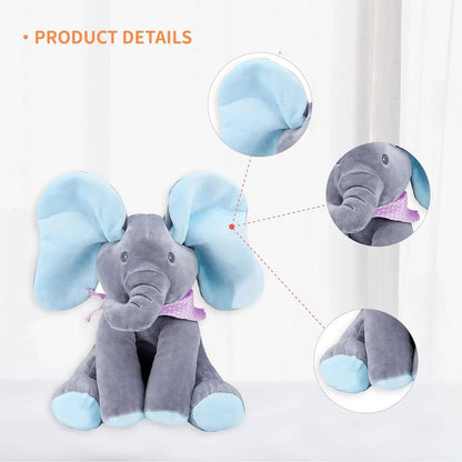 Belro Peek a Boo Talking Elephant toy for children, featuring colorful plush fabric and interactive sound features.