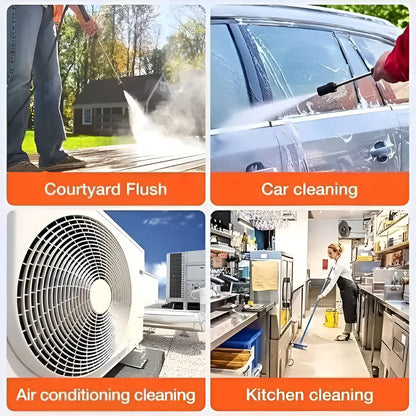 Belro cordless high pressure spray water gun set for cleaning cars, patios, and garden furniture, shown in use outdoors
