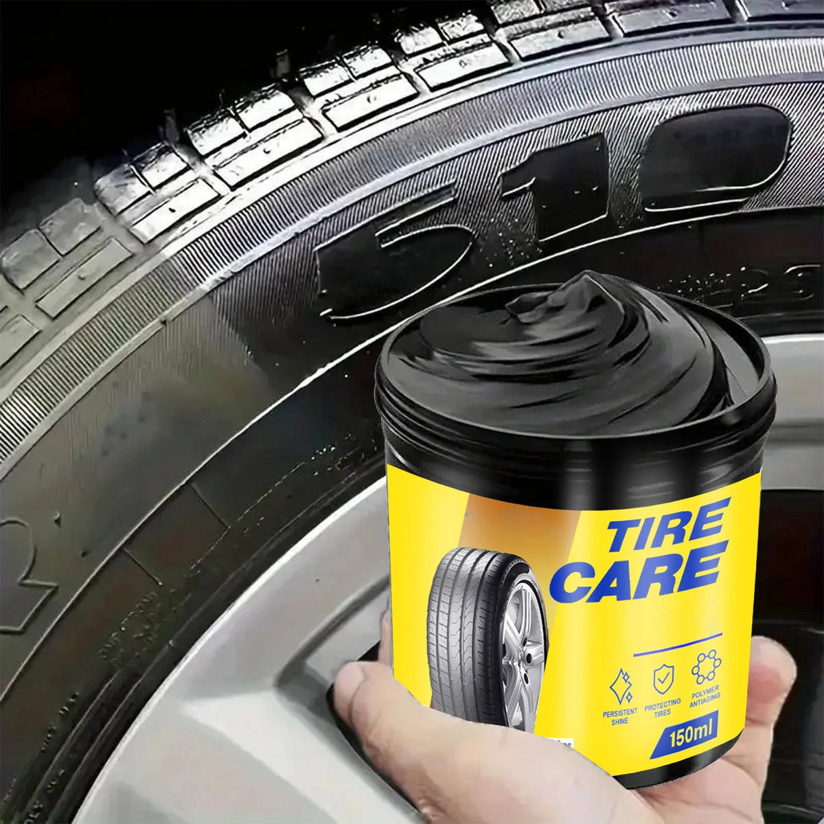 Belro long-lasting tire shine applied to vehicle tires, enhancing shine and protection in a home and garden decor setting.