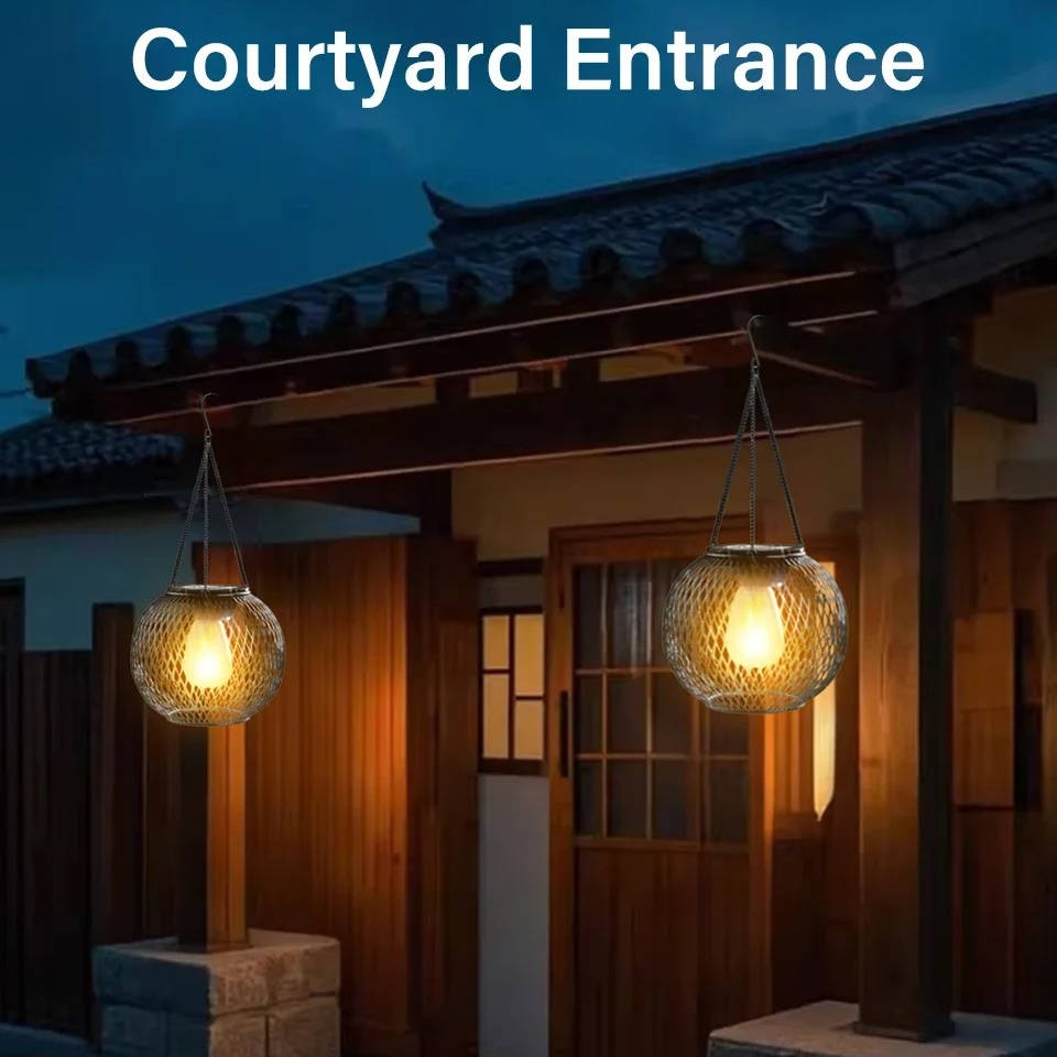 Belro outdoor solar hanging lantern with integrated handle, mounted on a wooden post outdoors, providing ambient lighting.