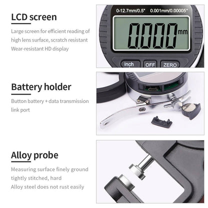 Belro thickness gauge measuring paper, cloth, or metal thickness with 0.001mm precision, tool for accurate measurement.