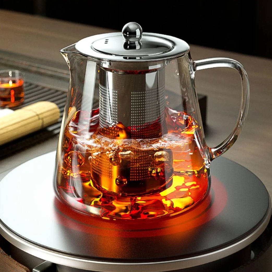 Belro heat resistant glass teapot for kitchen and dining, showing clear glass body and stainless steel lid with handle.