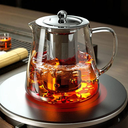 Belro heat resistant glass teapot for kitchen and dining, showing clear glass body and stainless steel lid with handle.