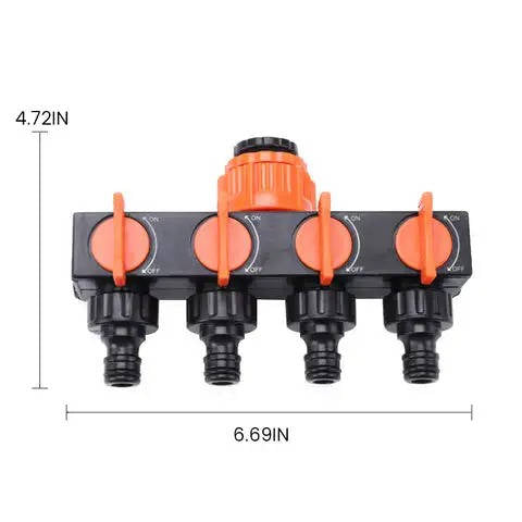 Belro 4-way garden hose splitter attached to a garden hose, allowing multiple water connections for outdoor gardening.