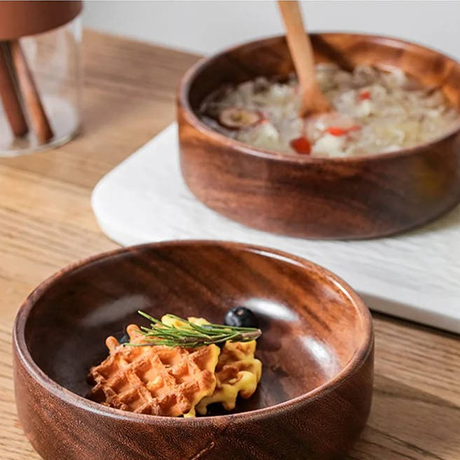 Belro wooden bowls for food, round kitchen bowls in natural wood finish, perfect for serving salads, fruits, and snacks.