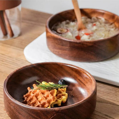 Belro wooden bowls for food, round kitchen bowls in natural wood finish, perfect for serving salads, fruits, and snacks.