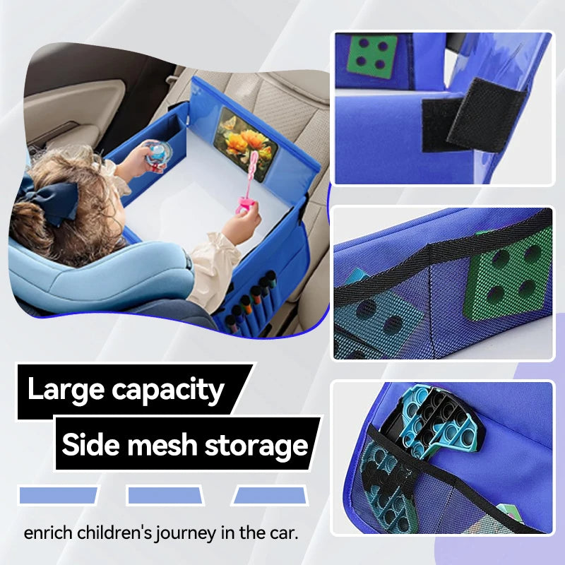 Kids travel car seat tray by Belro, a portable plastic tray with cup holder and storage for snacks and toys, designed for car trips.