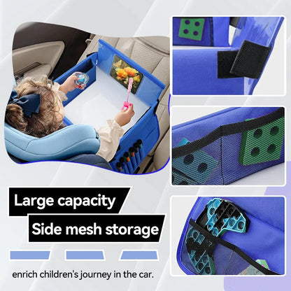 Kids travel car seat tray by Belro, a portable plastic tray with cup holder and storage for snacks and toys, designed for car trips.
