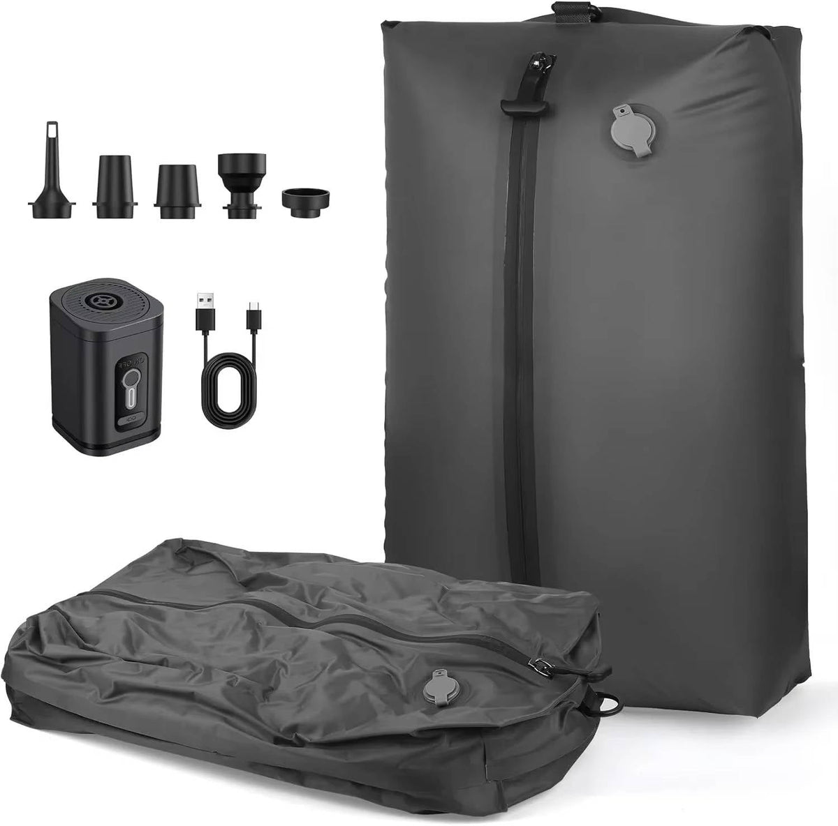 Belro travel vacuum pump with two storage bags for footwear, designed to compress and store high-heeled pumps efficiently.