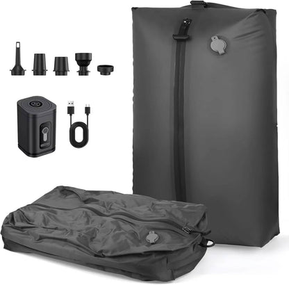 Belro travel vacuum pump with two storage bags for footwear, designed to compress and store high-heeled pumps efficiently.