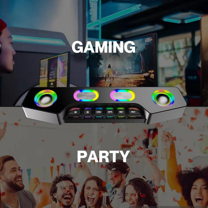 Wireless RGB computer speakers by Belro with sleek black design and colorful LED lighting for enhanced audio and visual experience.