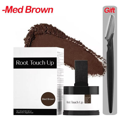 Belro hairline powder for thinning hair, close-up of application brush and textured hairline to enhance fullness and coverage.